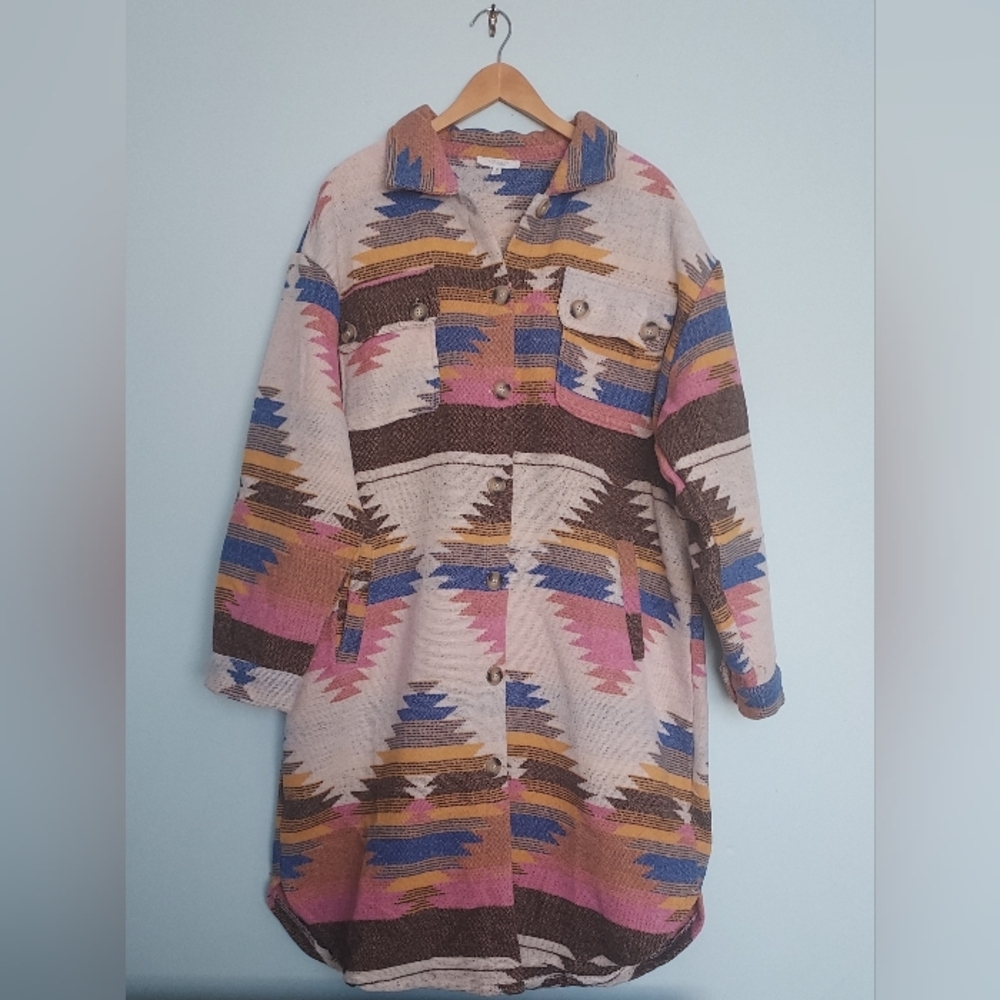 Veveret Colorful Aztec Sothwestern Western Duster Jacket Schacket Medium - Picture 2 of 13